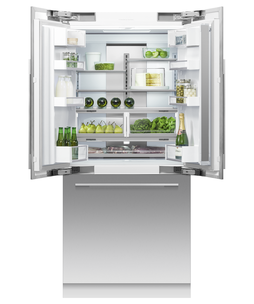 Fisher & Paykel 36 inch Series 7 Integrated French Door Refrigerator Freezer, panel ready, angled view