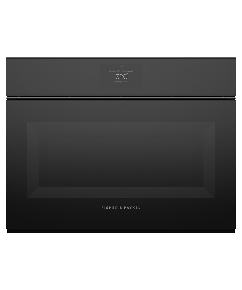 Fisher & Paykel OM24NMTNB1 24-inch Minimal Handleless Compact Convection-Speed Oven, Black Glass - Front View