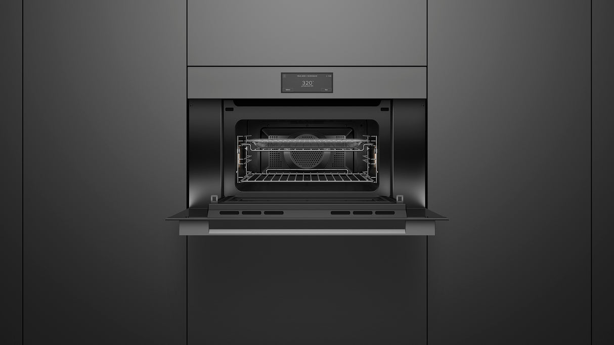Fisher & Paykel OM30NMUG3 Minimal Compact Convection-Speed Oven installed, angled kitchen view