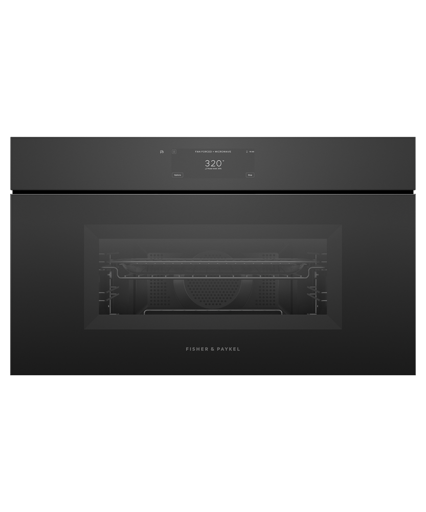 Fisher & Paykel OM30NMUNB3 30-inch Minimal Handleless Compact Convection-Speed Oven Black Glass - Front View