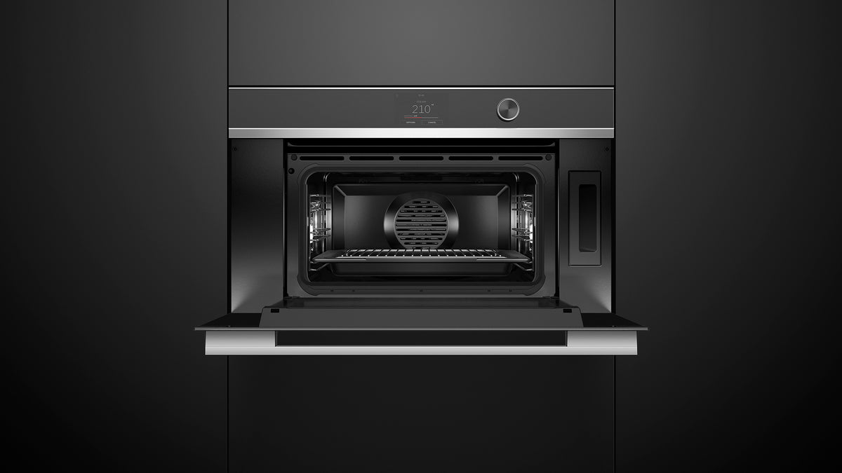 Fisher & Paykel OS30NDTDX1 Contemporary Compact Combi-Steam Oven installed, angled kitchen view