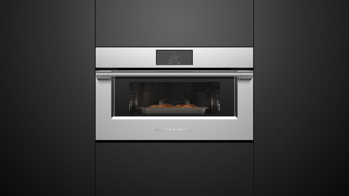 Fisher & Paykel OS30NPTX1 Professional Compact Combi-Steam Oven with salmon dish