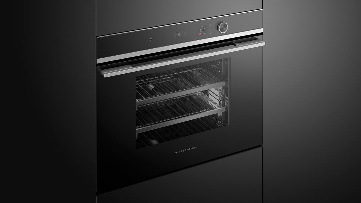 Fisher & Paykel OS30SDLX1 Contemporary Combi-Steam Oven installed in kitchen, lights on