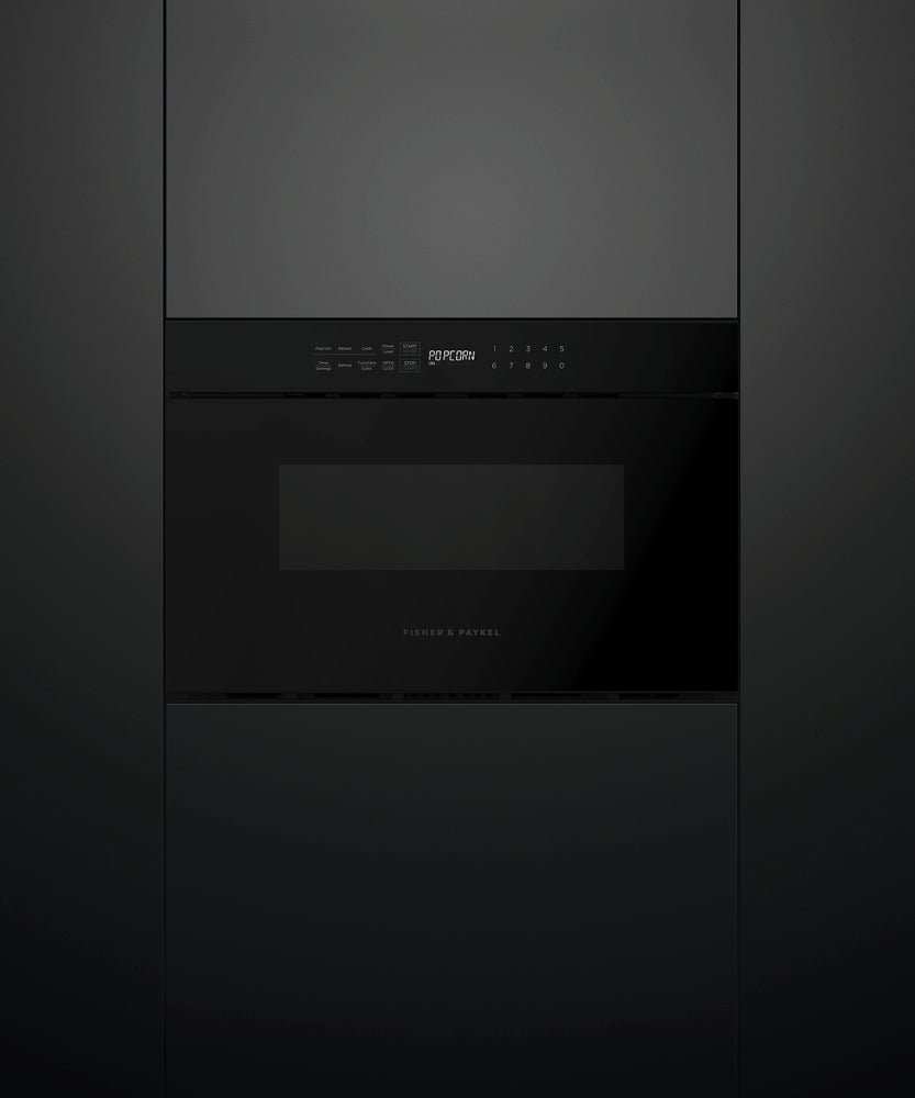 Fisher & Paykel 24 inch Series 7 Contemporary Microwave Drawer in black glass, angled view