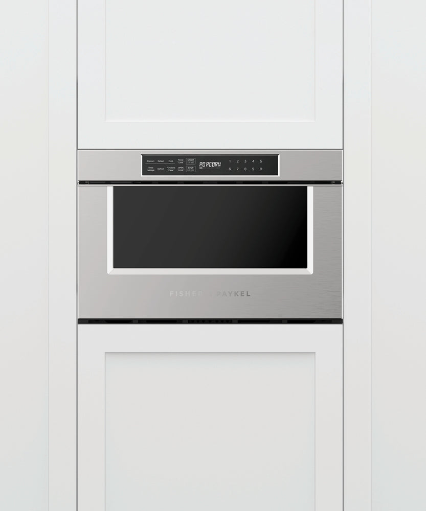 Fisher & Paykel 24 inch Series 7 Professional Microwave Drawer in stainless steel, angled view