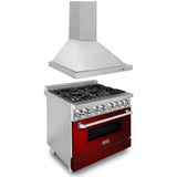 ZLINE 36 in. Kitchen Package with Stainless Steel Dual Fuel Range with Red Gloss Door and Convertible Vent Range Hood (2KP-RARGRH36) - (2KPRARGRH36)