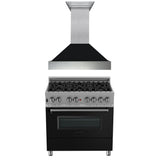 ZLINE 36 in. Kitchen Package with DuraSnow Stainless Steel Dual Fuel Range with Black Matte Door and Convertible Vent Range Hood (2KP-RASBLMRH36) - (2KPRASBLMRH36)