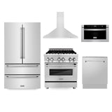 ZLINE Kitchen Package with Refrigeration, 30 in. Stainless Steel Dual Fuel Range, 30 in. Convertible Vent Range Hood, 24 in. Microwave Drawer, and 24 in. Tall Tub Dishwasher (5KPR-RARH30-MWDWV) - (5KPRRARH30MWDWV)