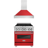 ZLINE 30 in. Kitchen Package with DuraSnow Stainless Steel Dual Fuel Range with Red Matte Door and Convertible Vent Range Hood (2KP-RASRMRH30) - (2KPRASRMRH30)
