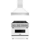 ZLINE 36 in. Kitchen Package with DuraSnow Stainless Steel Dual Fuel Range with White Matte Door and Convertible Vent Range Hood (2KP-RASWMRH36) - (2KPRASWMRH36)