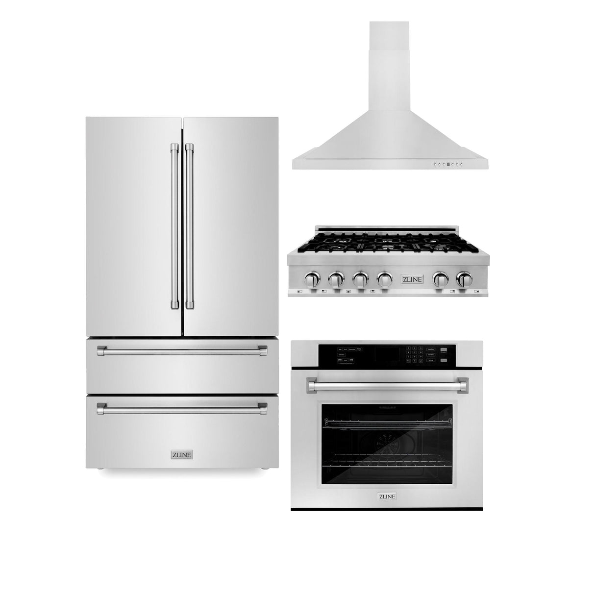 ZLINE Kitchen Package with Refrigeration, 36 in. Stainless Steel Rangetop, 36 in. Range Hood and 30 in. Single Wall Oven (4KPR-RTRH36-AWS) - (4KPRRTRH36AWS)