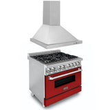 ZLINE 36 in. Kitchen Package with Stainless Steel Dual Fuel Range with Red Matte Door and Convertible Vent Range Hood (2KP-RARMRH36) - (2KPRARMRH36)