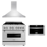 ZLINE 36 in. Kitchen Package with Stainless Steel Dual Fuel Range, Convertible Vent Range Hood and Microwave Drawer (3KP-RARH36-MW) - (3KPRARH36MW)