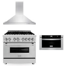 ZLINE 36 in. Kitchen Package with Stainless Steel Dual Fuel Range, Convertible Vent Range Hood and Microwave Drawer (3KP-RARH36-MW) - (3KPRARH36MW)