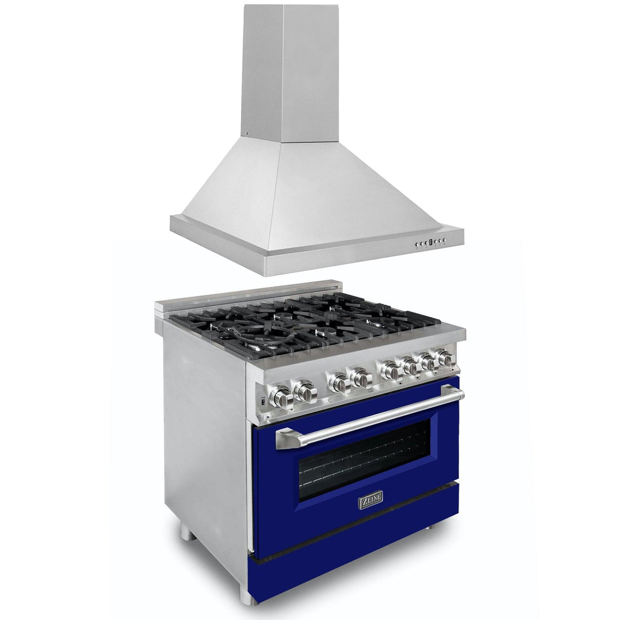 ZLINE 36 in. Kitchen Package with Stainless Steel Dual Fuel Range with Blue Matte Door and Convertible Vent Range Hood (2KP-RABMRH36) - (2KPRABMRH36)