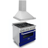 ZLINE 36 in. Kitchen Package with Stainless Steel Dual Fuel Range with Blue Matte Door and Convertible Vent Range Hood (2KP-RABMRH36) - (2KPRABMRH36)