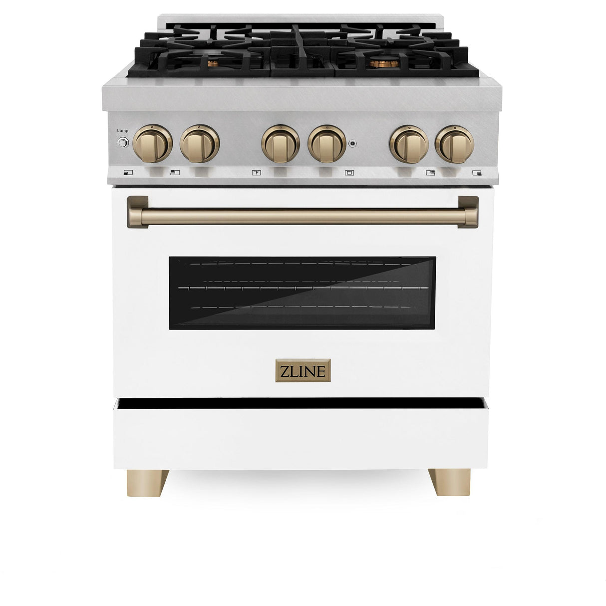 ZLINE Autograph Edition 30" 4.0 cu. ft. Dual Fuel Range with Gas Stove and Electric Oven in DuraSnow Stainless Steel with White Matte Door and Accents (RASZ-WM-30) [Color: Champagne] - (RASZWM30CB)