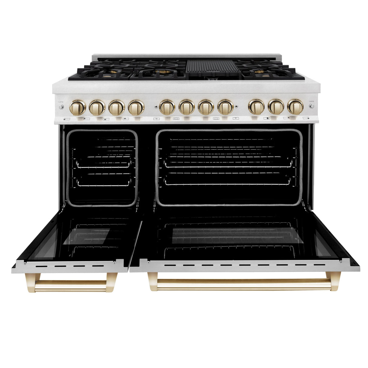 ZLINE Autograph Edition 48" 6.0 cu. ft. Dual Fuel Range with Gas Stove and Electric Oven in DuraSnow Stainless Steel with White Matte Door with Accents (RASZ-WM-48) [Color: Champagne Bronze] - (RASZWM48CB)