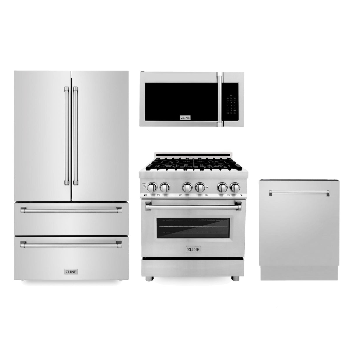 ZLINE Kitchen Package with Refrigeration, 30 in. Stainless Steel Dual Fuel Range, 30 in. Traditional Over The Range Microwave and 24 in. Tall Tub Dishwasher (4KPR-RAOTRH30-DWV) - (4KPRRAOTRH30DWV)