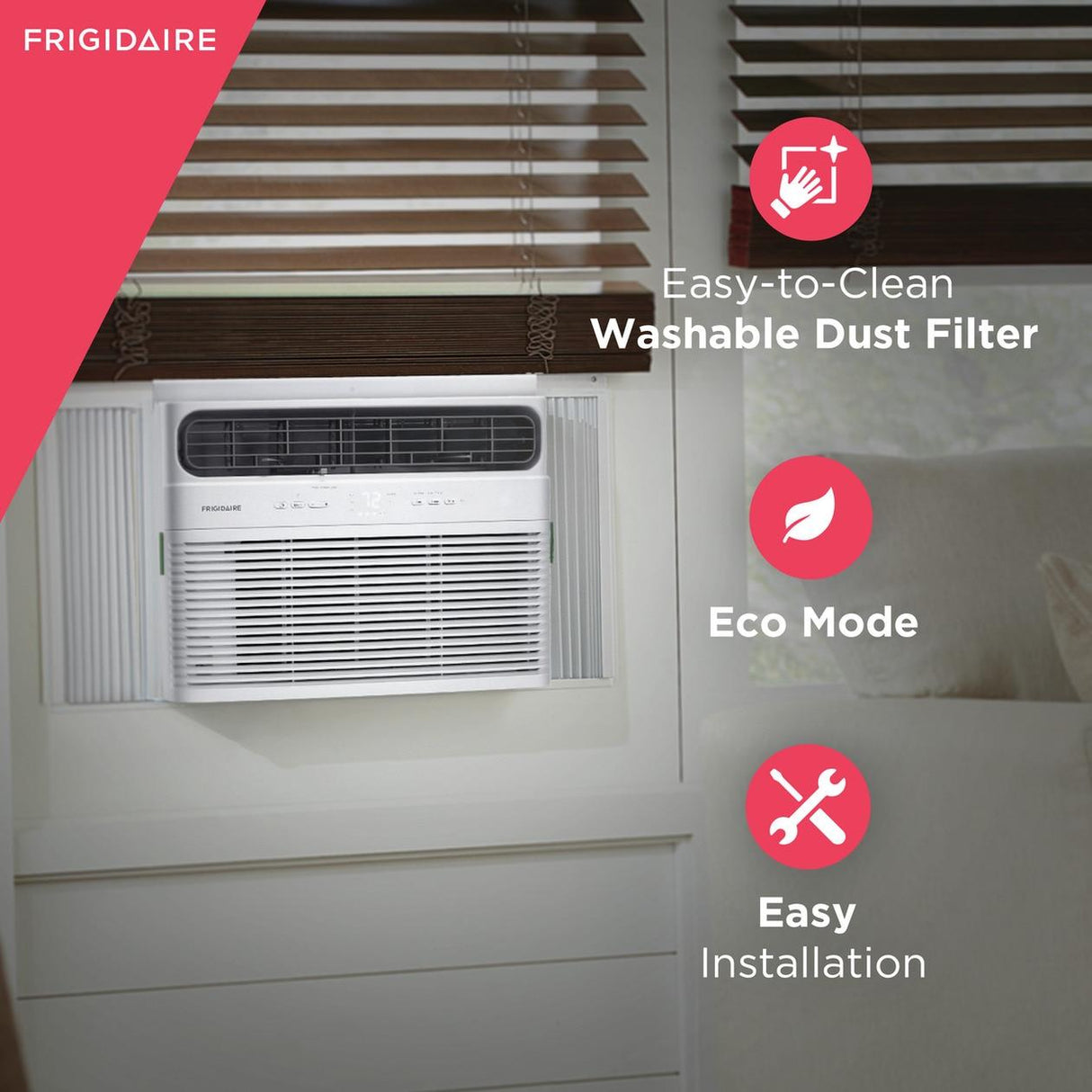 8000 BTU Frigidaire air conditioner model FHWH084WB1 installed in a bedroom's window with a short list of the product features