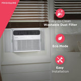 8000 BTU Frigidaire air conditioner model FHWH084WB1 installed in a bedroom's window with a short list of the product features