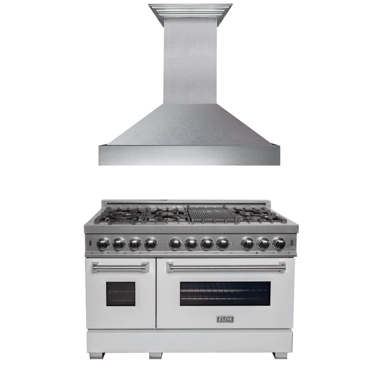 ZLINE 48 in. Kitchen Package with DuraSnow Stainless Steel Dual Fuel Range with White Matte Door and Convertible Vent Range Hood (2KP-RASWMRH48) - (2KPRASWMRH48)