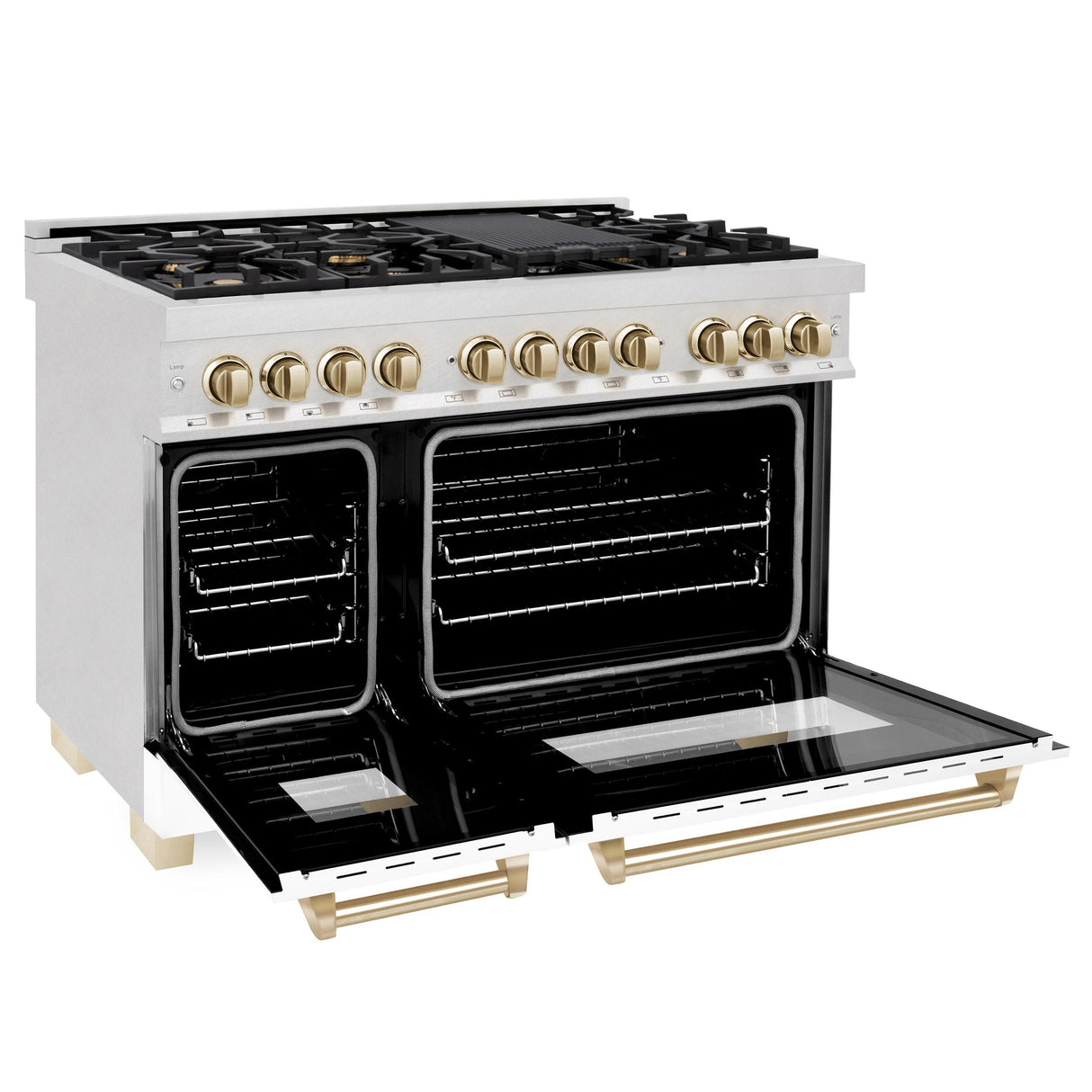 ZLINE Autograph Edition 48" 6.0 cu. ft. Dual Fuel Range with Gas Stove and Electric Oven in DuraSnow Stainless Steel with White Matte Door with Accents (RASZ-WM-48) [Color: Champagne Bronze] - (RASZWM48CB)