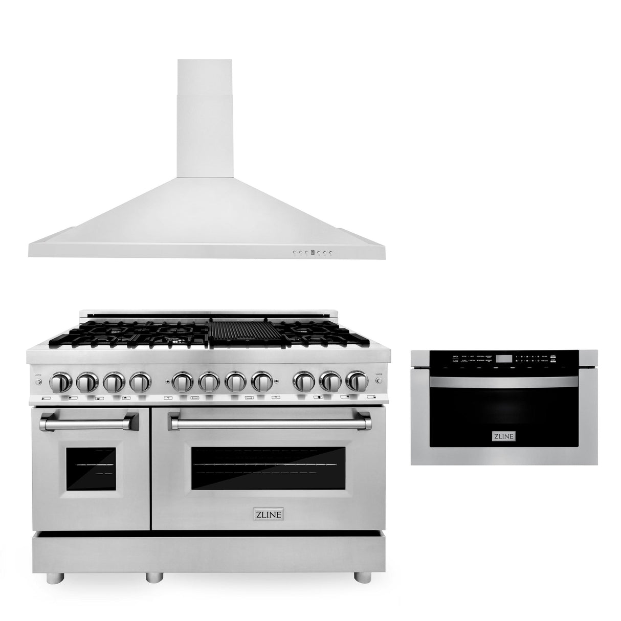 ZLINE 48 in. Kitchen Package with Stainless Steel Dual Fuel Range, Convertible Vent Range Hood and Microwave Drawer (3KP-RARH48-MW) - (3KPRARH48MW)