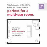 A visual guide for the Frigidaire 12,000 BTU AC unit, clearly indicating it's the perfect size for a multi-use bedroom (450-550 sq. ft.) to ensure efficient and effective cooling