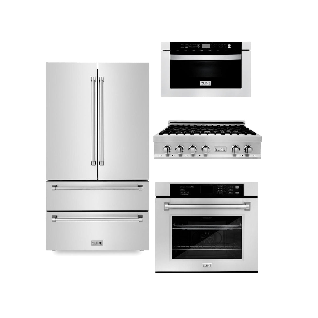 ZLINE Kitchen Package with Refrigeration, 36 in. Stainless Steel Rangetop, 30 in. Single Wall Oven, 30 in. Microwave Oven (4KPR-RT36-MWAWS) - (4KPRRT36MWAWS)