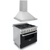ZLINE 36 in. Kitchen Package with Stainless Steel Dual Fuel Range with Black Matte Door and Convertible Vent Range Hood (2KP-RABLMRH36) - (2KPRABLMRH36)