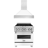 ZLINE 30 in. Kitchen Package with DuraSnow Stainless Steel Dual Fuel Range with White Matte Door and Convertible Vent Range Hood (2KP-RASWMRH30) - (2KPRASWMRH30)
