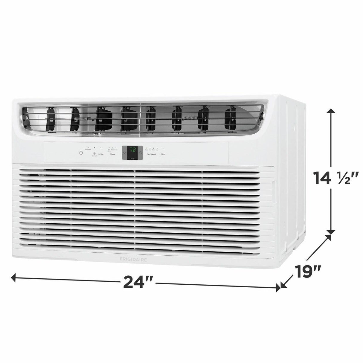 Frigidaire 12,000 BTU Built-In WiFi Room Air Conditioner  Model FHTW123WA1 right side view with product dimensions included