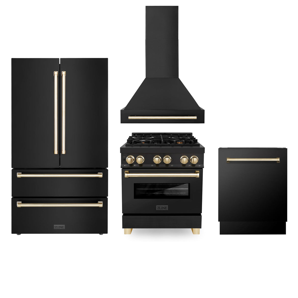 ZLINE 30" Autograph Edition Kitchen Package with Black Stainless Steel Dual Fuel Range, Range Hood, Dishwasher and Refrigeration with Polished Gold Accents (4AKPR-RABRHDWV30-G) - (4AKPRRABRHDWV30G)