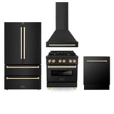 ZLINE 30" Autograph Edition Kitchen Package with Black Stainless Steel Dual Fuel Range, Range Hood, Dishwasher and Refrigeration with Polished Gold Accents (4AKPR-RABRHDWV30-G) - (4AKPRRABRHDWV30G)