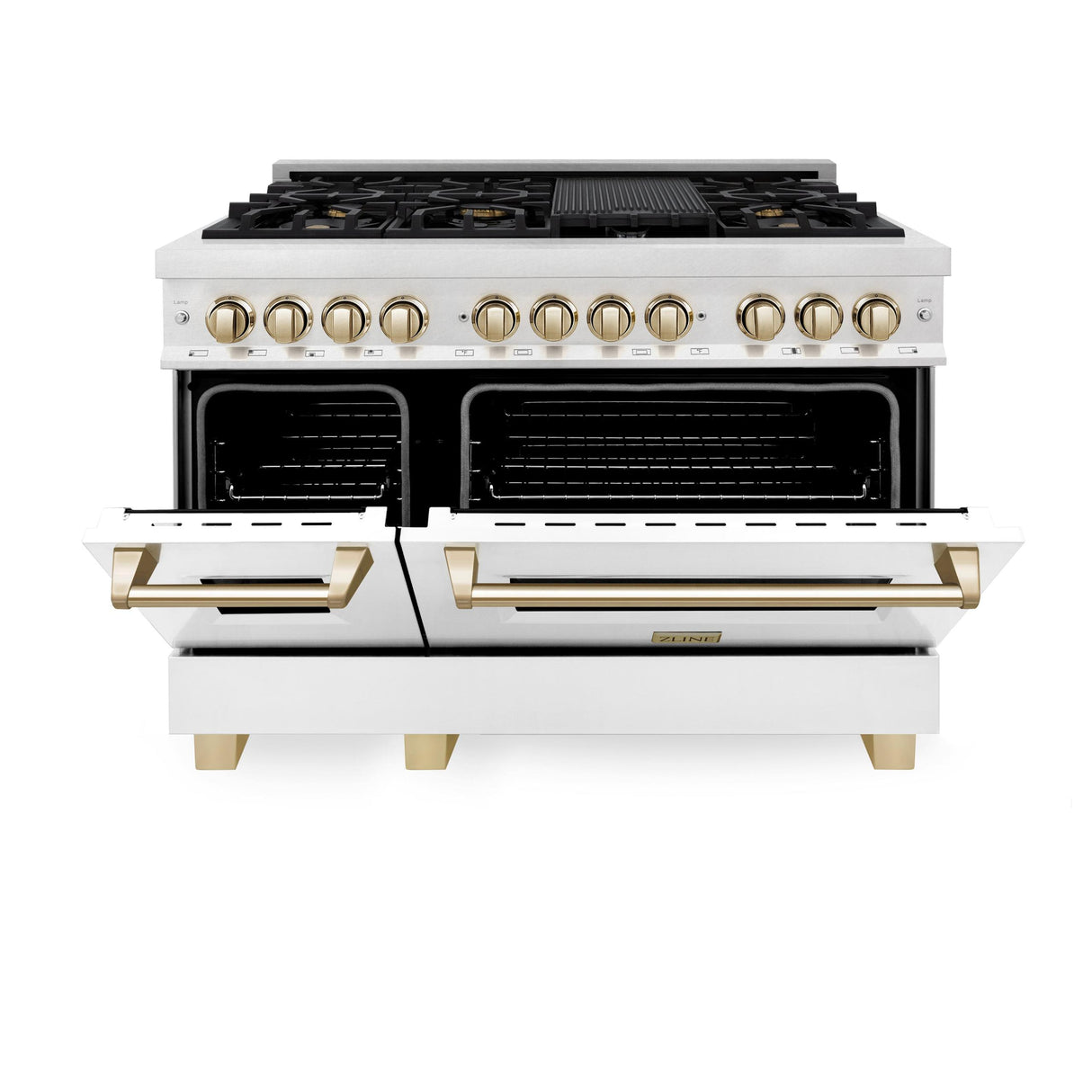 ZLINE Autograph Edition 48" 6.0 cu. ft. Dual Fuel Range with Gas Stove and Electric Oven in DuraSnow Stainless Steel with White Matte Door with Accents (RASZ-WM-48) [Color: Champagne Bronze] - (RASZWM48CB)