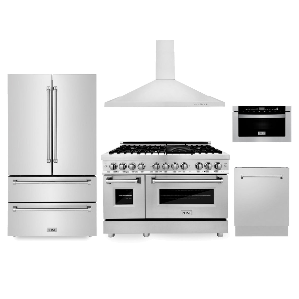 ZLINE Kitchen Package with Refrigeration, 48 in. Stainless Steel Dual Fuel Range, 48 in. Convertible Vent Range Hood, 24 in. Microwave Drawer, and 24 in. Tall Tub Dishwasher (5KPR-RARH48-MWDWV) - (5KPRRARH48MWDWV)
