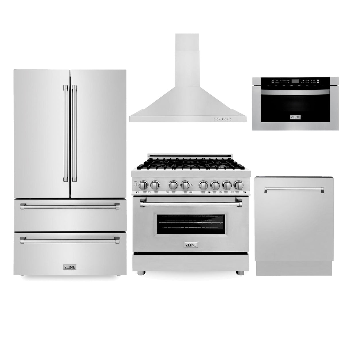 ZLINE Kitchen Package with Refrigeration, 36 in. Stainless Steel Dual Fuel Range, 36 in. Convertible Vent Range Hood, 24 in. Microwave Drawer, and 24 in. Tall Tub Dishwasher (5KPR-RARH36-MWDWV) - (5KPRRARH36MWDWV)