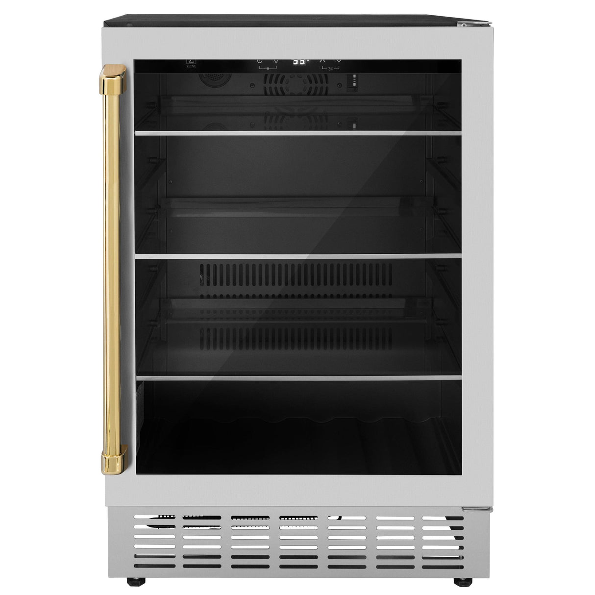 ZLINE 24" Autograph Edition 154 Can Beverage Cooler Fridge with Adjustable Shelves in Stainless Steel with Polished Gold Accents (RBVZ-US-24-G) - (RBVZUS24G)