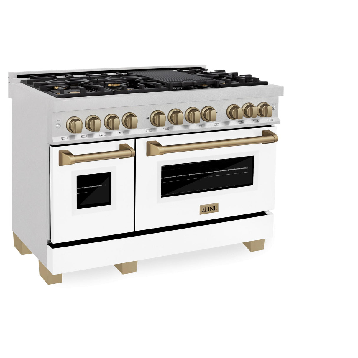 ZLINE Autograph Edition 48" 6.0 cu. ft. Dual Fuel Range with Gas Stove and Electric Oven in DuraSnow Stainless Steel with White Matte Door with Accents (RASZ-WM-48) [Color: Champagne Bronze] - (RASZWM48CB)