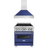 ZLINE 30 in. Kitchen Package with DuraSnow Stainless Steel Dual Fuel Range with Blue Matte Door and Convertible Vent Range Hood (2KP-RASBMRH30) - (2KPRASBMRH30)