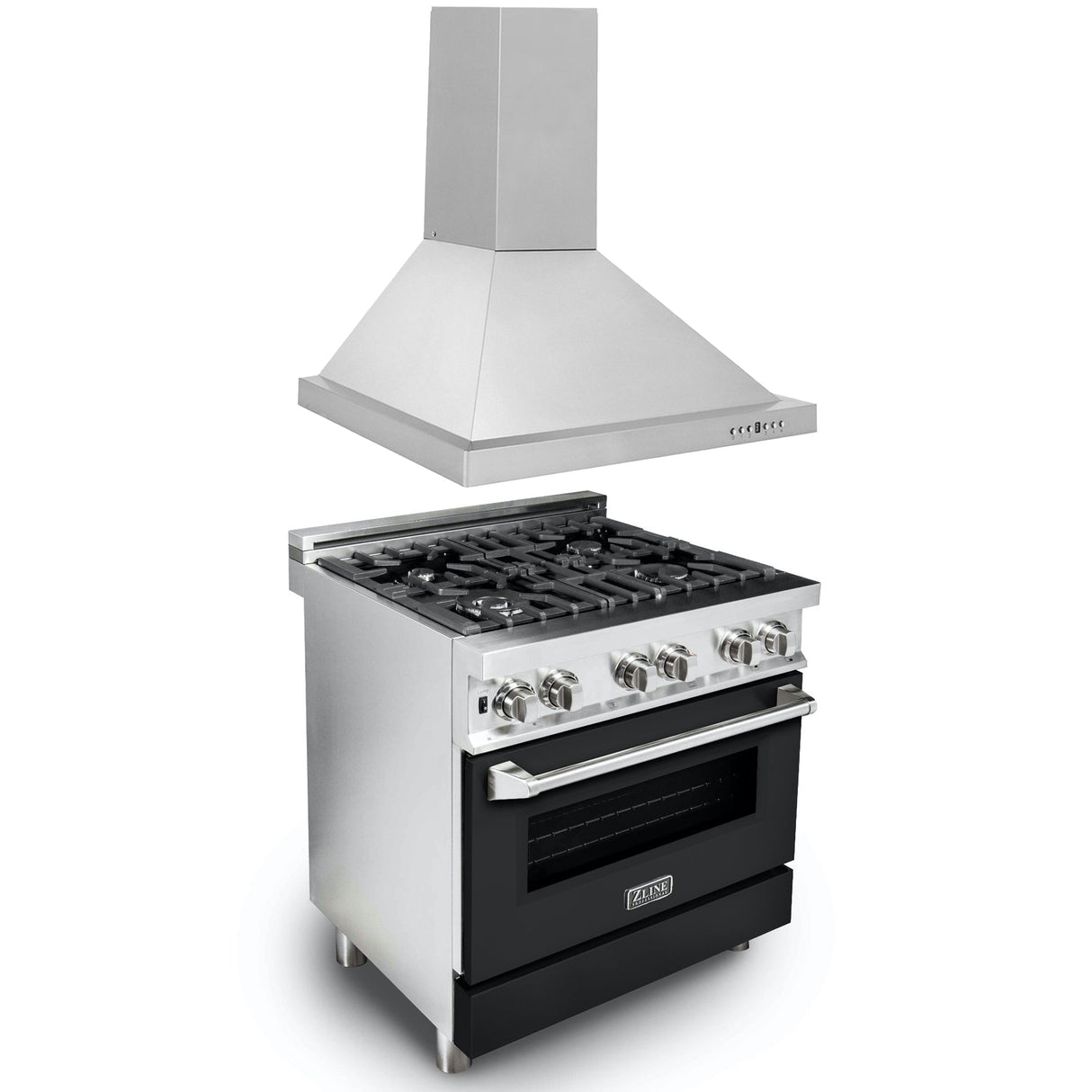 ZLINE 30 in. Kitchen Package with Stainless Steel Dual Fuel Range with Black Matte Door and Convertible Vent Range Hood (2KP-RABLMRH30) - (2KPRABLMRH30)