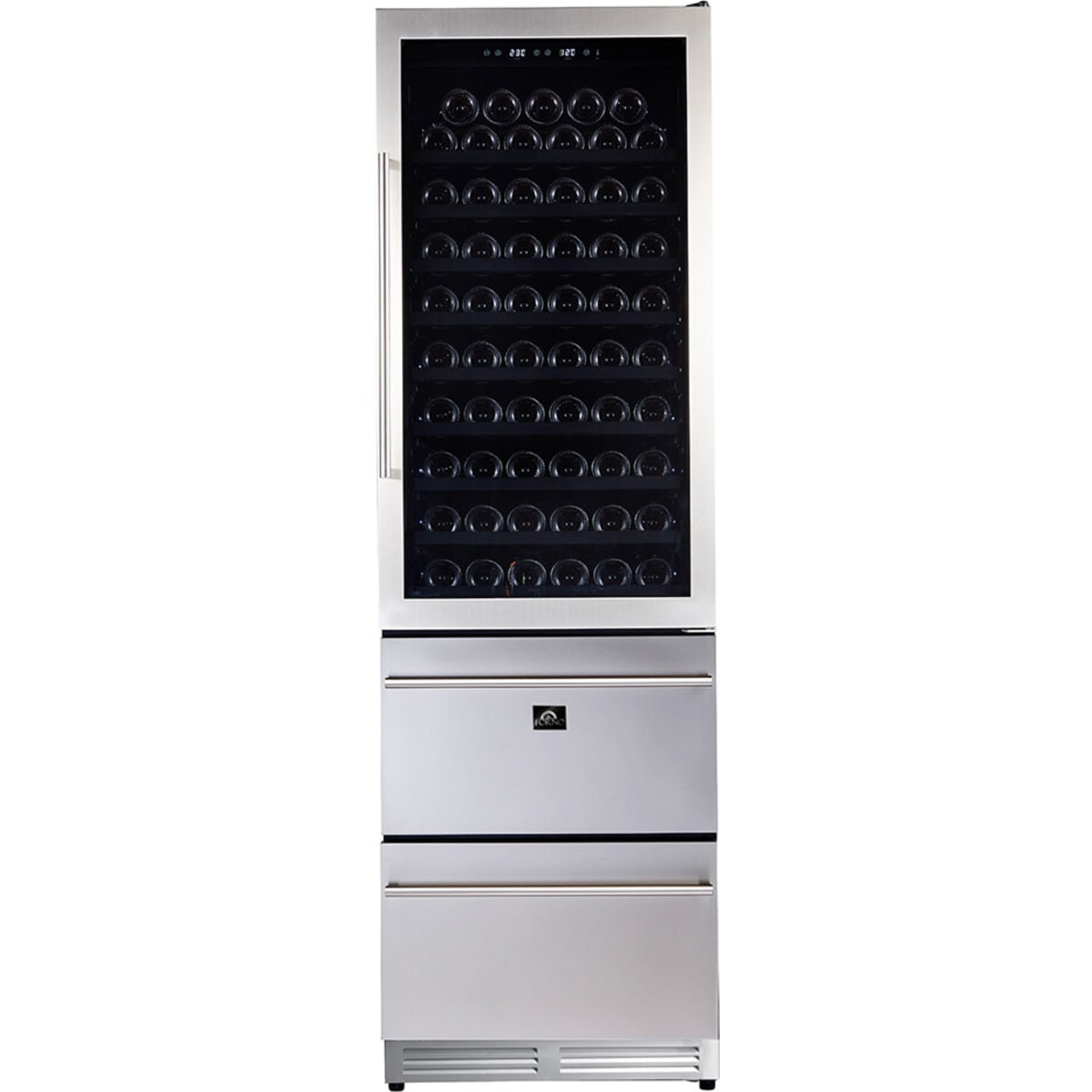Forno Capraia FWCDR662824S 24 Inch Dual Zone Wine Cooler with 16.25 Cu. Ft. Capacity, 108 Bottle Capacity, 9 Sliding Wine Shelves, Digital Thermostat, Touch Controls, Double Pane Anti-UV Glass Door, Auto Defrost and Charcoal Filter