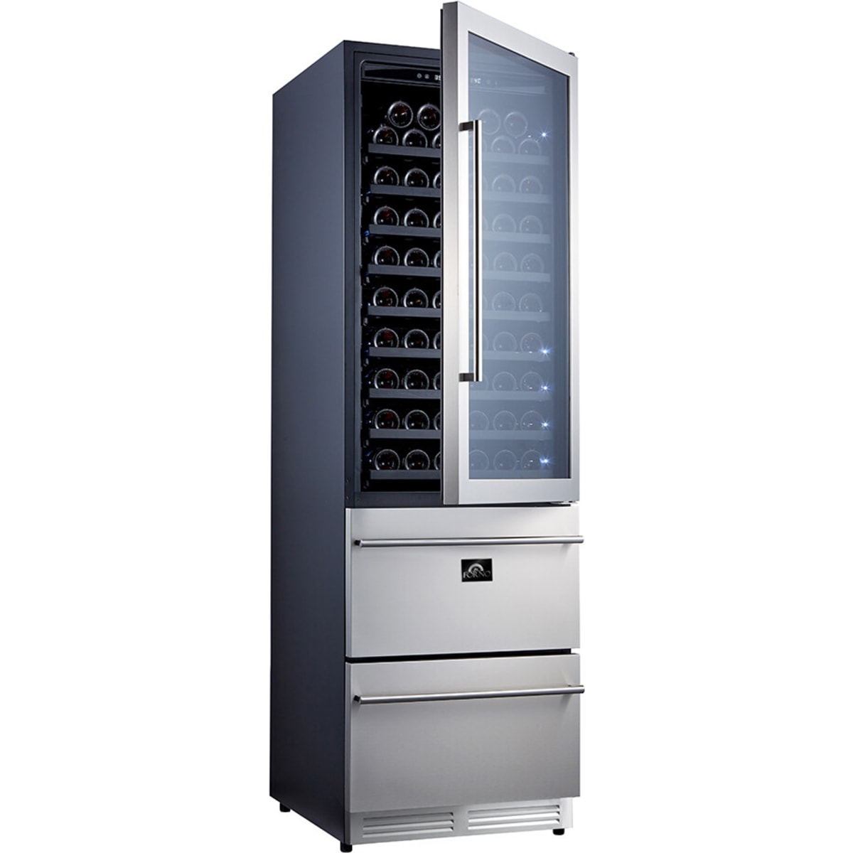 Forno Capraia FWCDR662824S 24 Inch Dual Zone Wine Cooler with 16.25 Cu. Ft. Capacity, 108 Bottle Capacity, 9 Sliding Wine Shelves, Digital Thermostat, Touch Controls, Double Pane Anti-UV Glass Door, Auto Defrost and Charcoal Filter