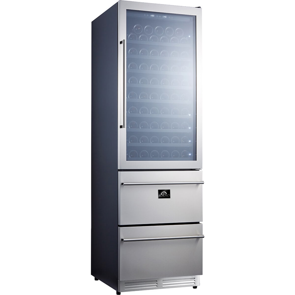Forno Capraia FWCDR662824S 24 Inch Dual Zone Wine Cooler with 16.25 Cu. Ft. Capacity, 108 Bottle Capacity, 9 Sliding Wine Shelves, Digital Thermostat, Touch Controls, Double Pane Anti-UV Glass Door, Auto Defrost and Charcoal Filter