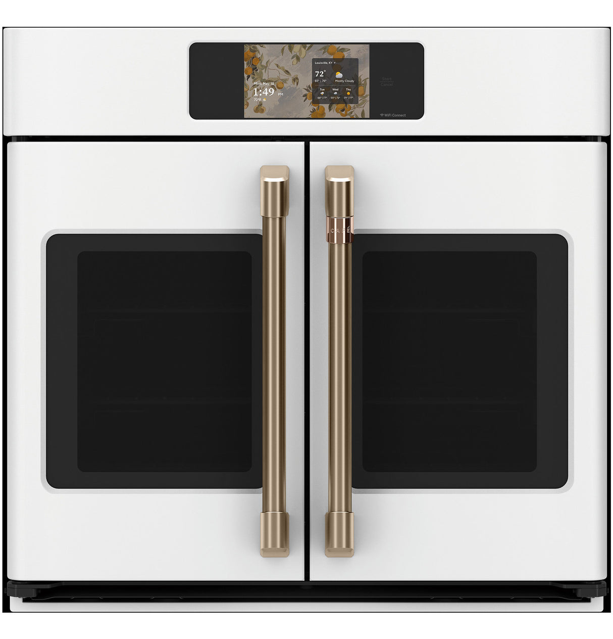 Café CTS90FP4ZW2 matte white French-door wall oven lifestyle kitchen view