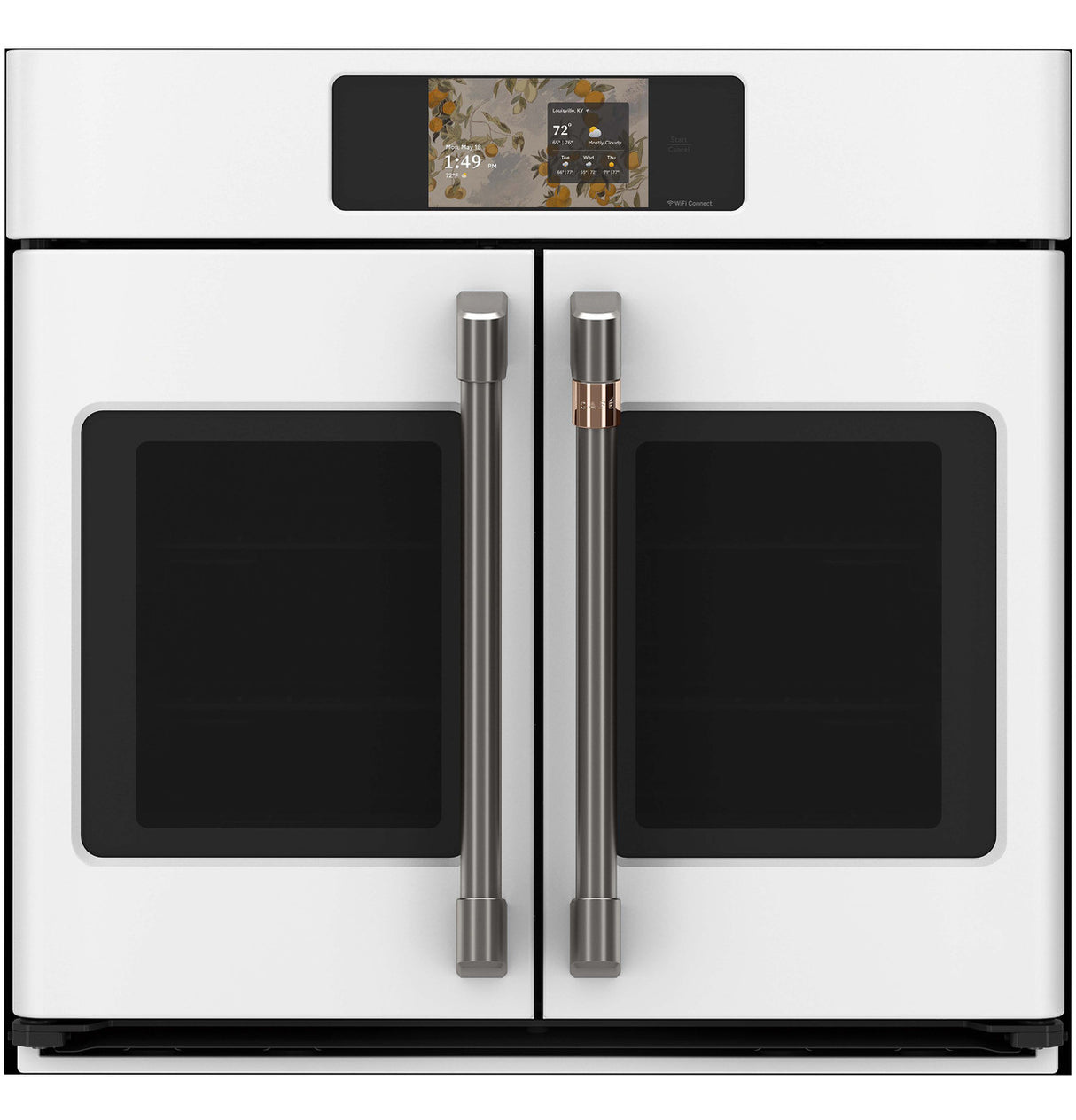 Café CTS90FP4ZW2 matte white wall oven installed in kitchen cabinetry