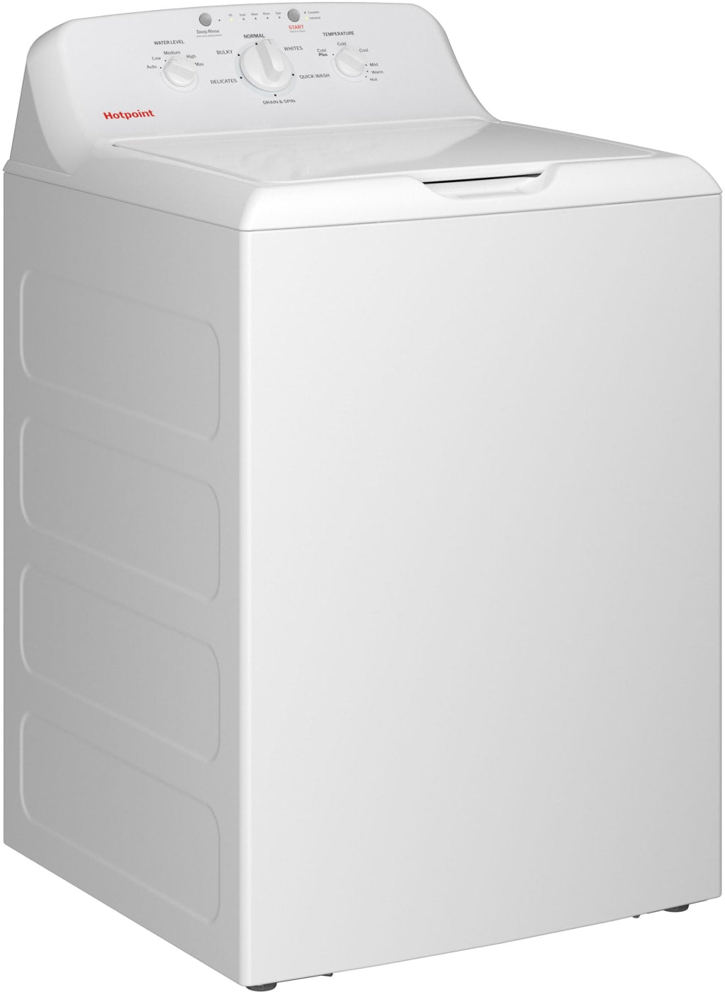 Hotpoint HTW265ASWWW top load washer with lid open showing stainless steel basket