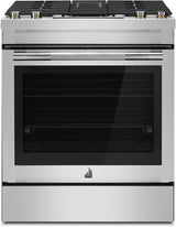 JennAir JDS1750ML 30 inch RISE dual-fuel downdraft slide-in range stainless steel front view