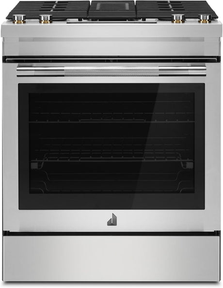 JennAir JDS1750ML 30 inch RISE dual-fuel downdraft slide-in range stainless steel front view